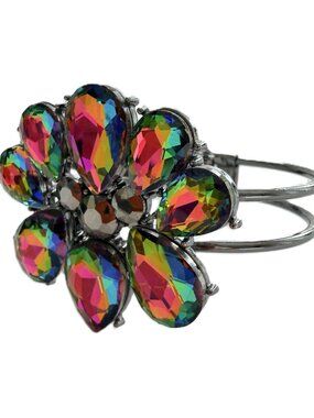 Iridescent Rainbow Crystal Flower Statement Cuff Bracelet Stunning gunmetal-tone